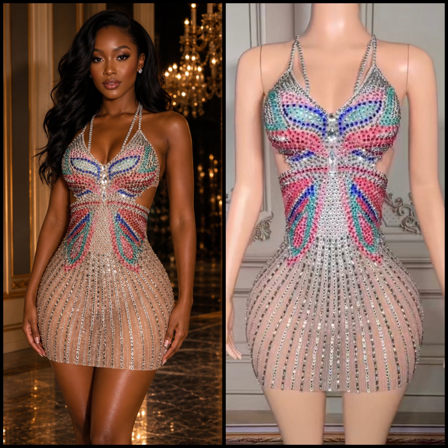 Sexy Multicolored Rhinestone Embellishment Halter Dress