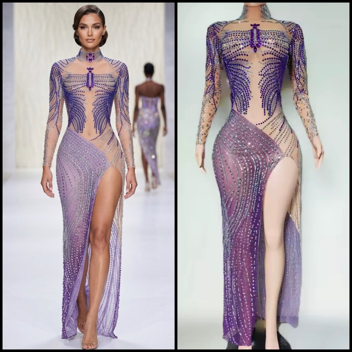 Sexy See Through Purple Rhinestone Side Split Maxi Dress