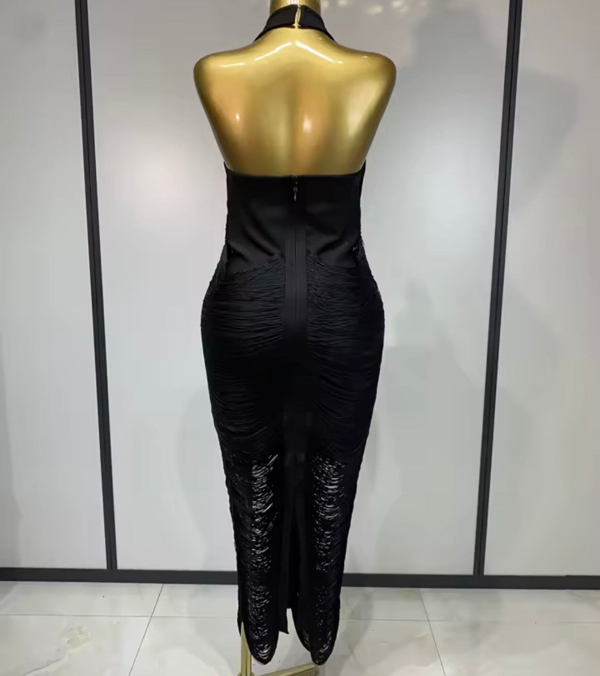 Sexy Black Halter Sleeveless Fringe Maxi Dress