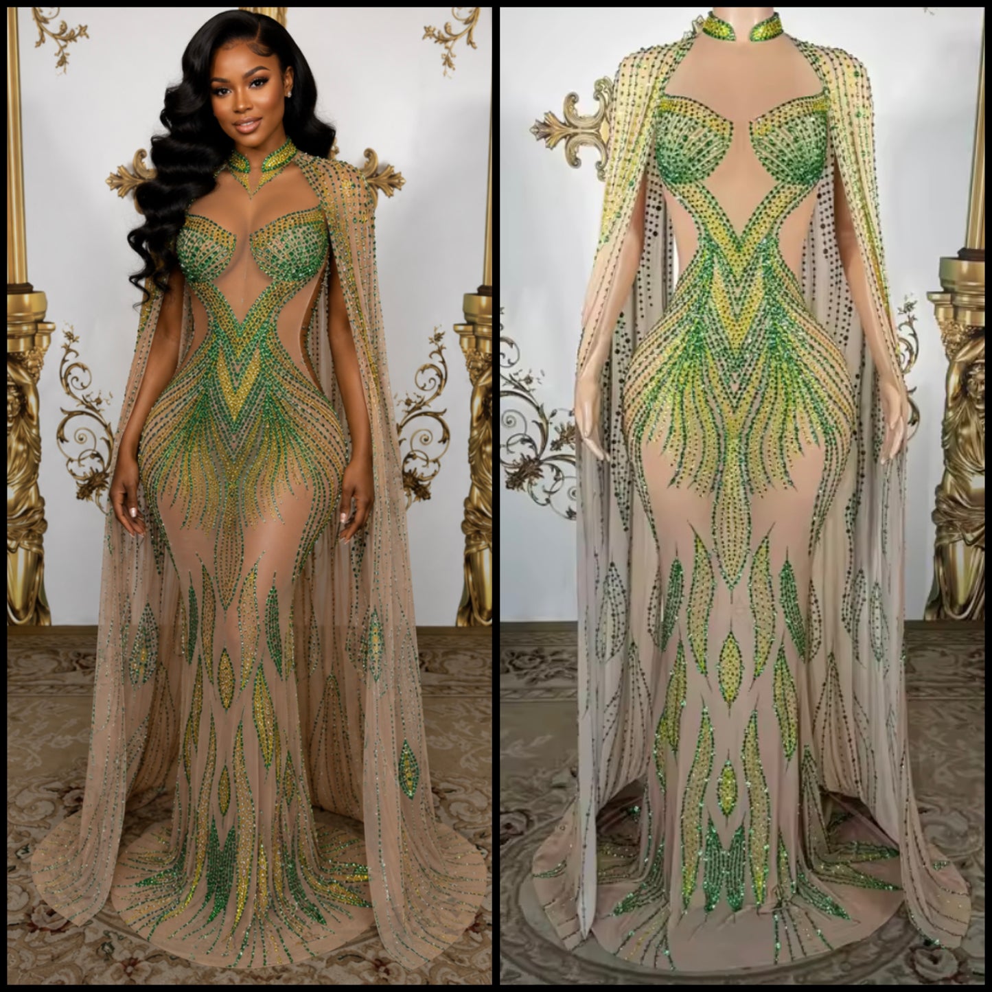 Sexy See Through Rhinestone Flare Sleeve Mermaid Dress