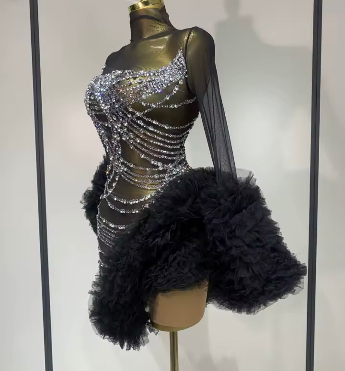 Sexy Black Ruffle Rhinestone Full Sleeve Short Dress