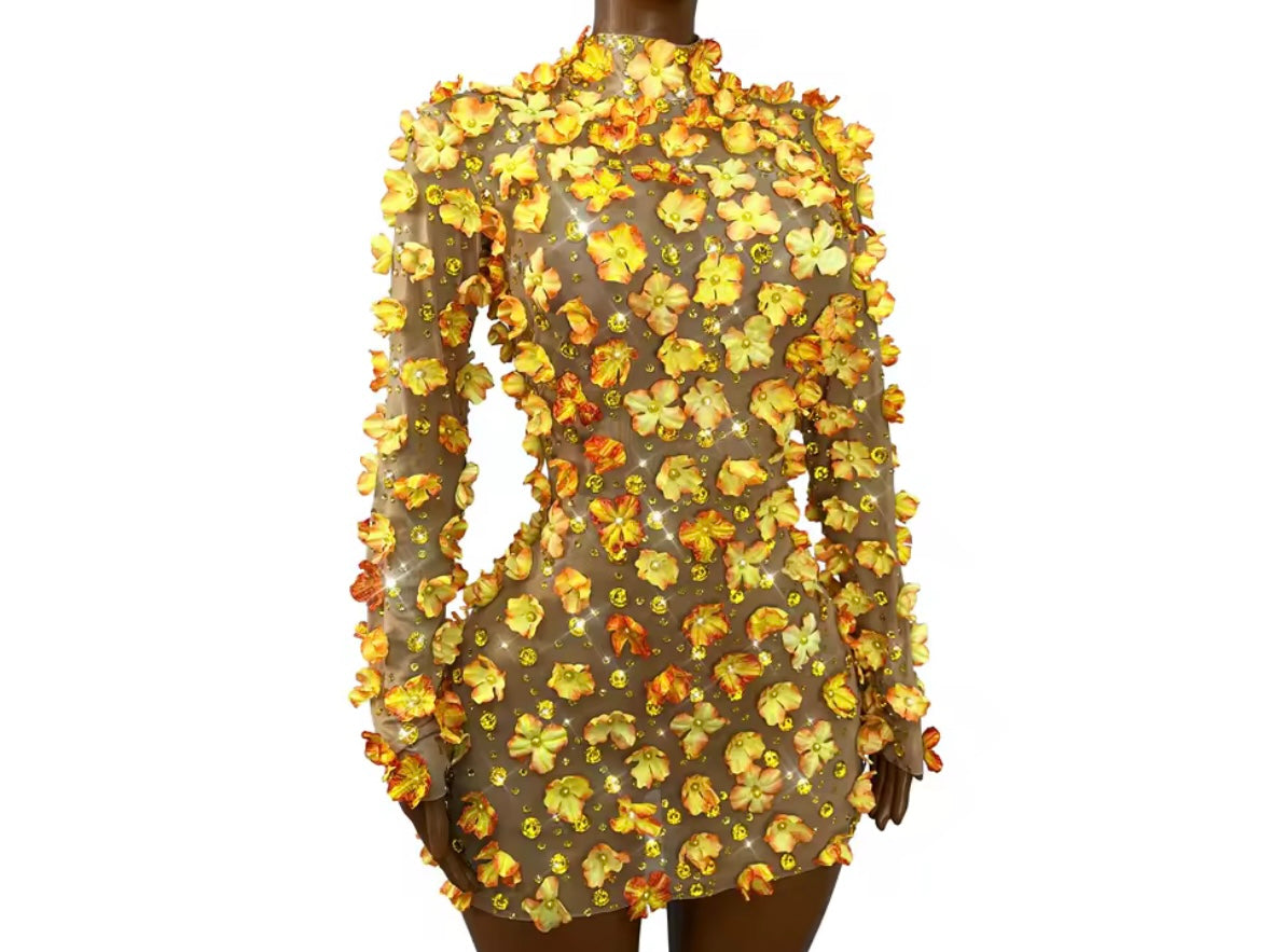 Sexy Full Sleeve Floral Rhinestone Short Dress