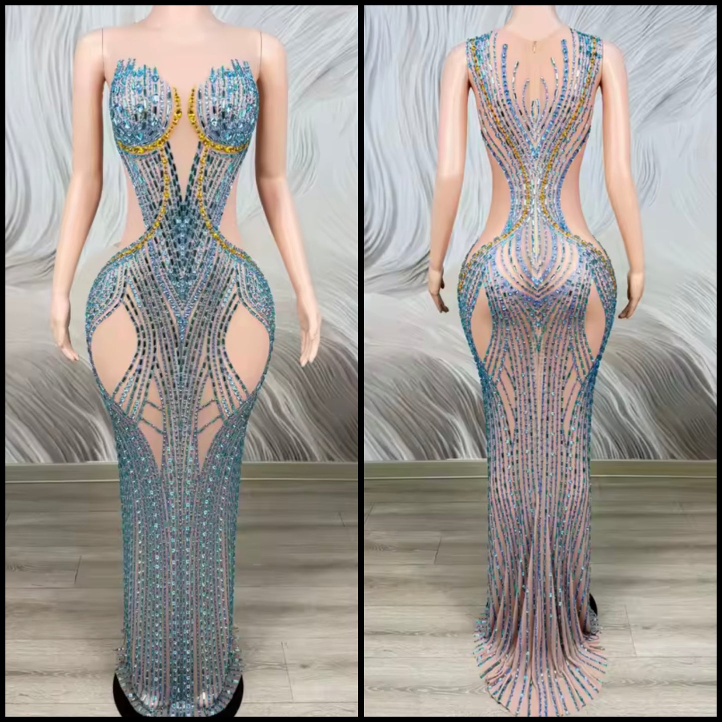 Sexy Sleeveless Color Rhinestone See Through Maxi Dress