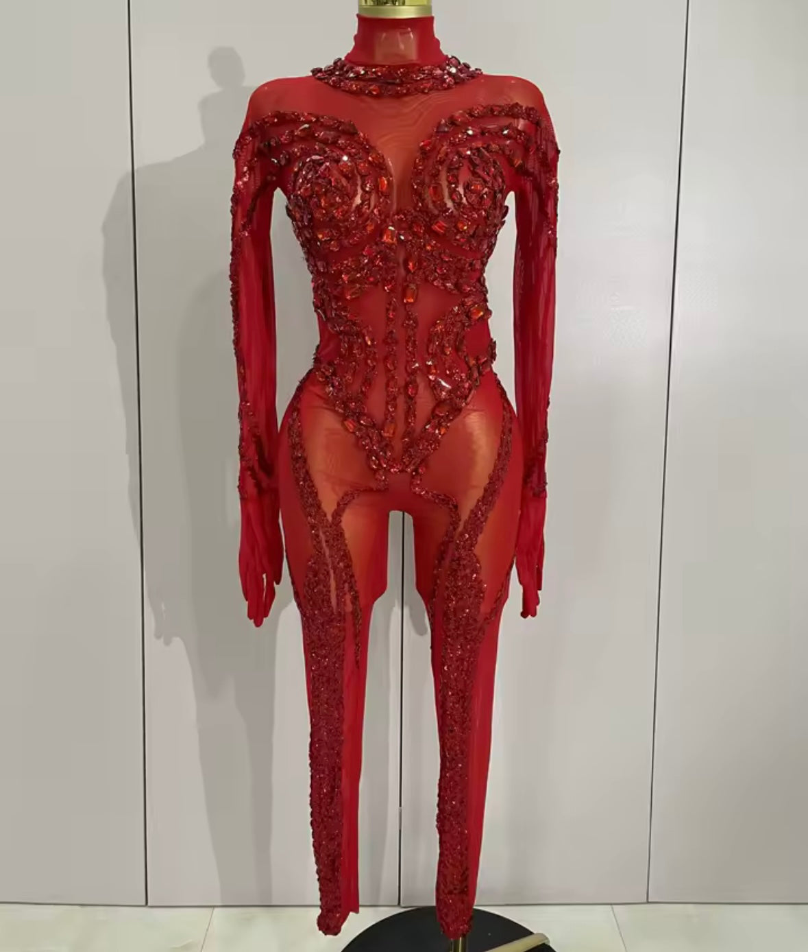 Sexy Beaded Crystal Full Sleeve See Through Jumpsuit