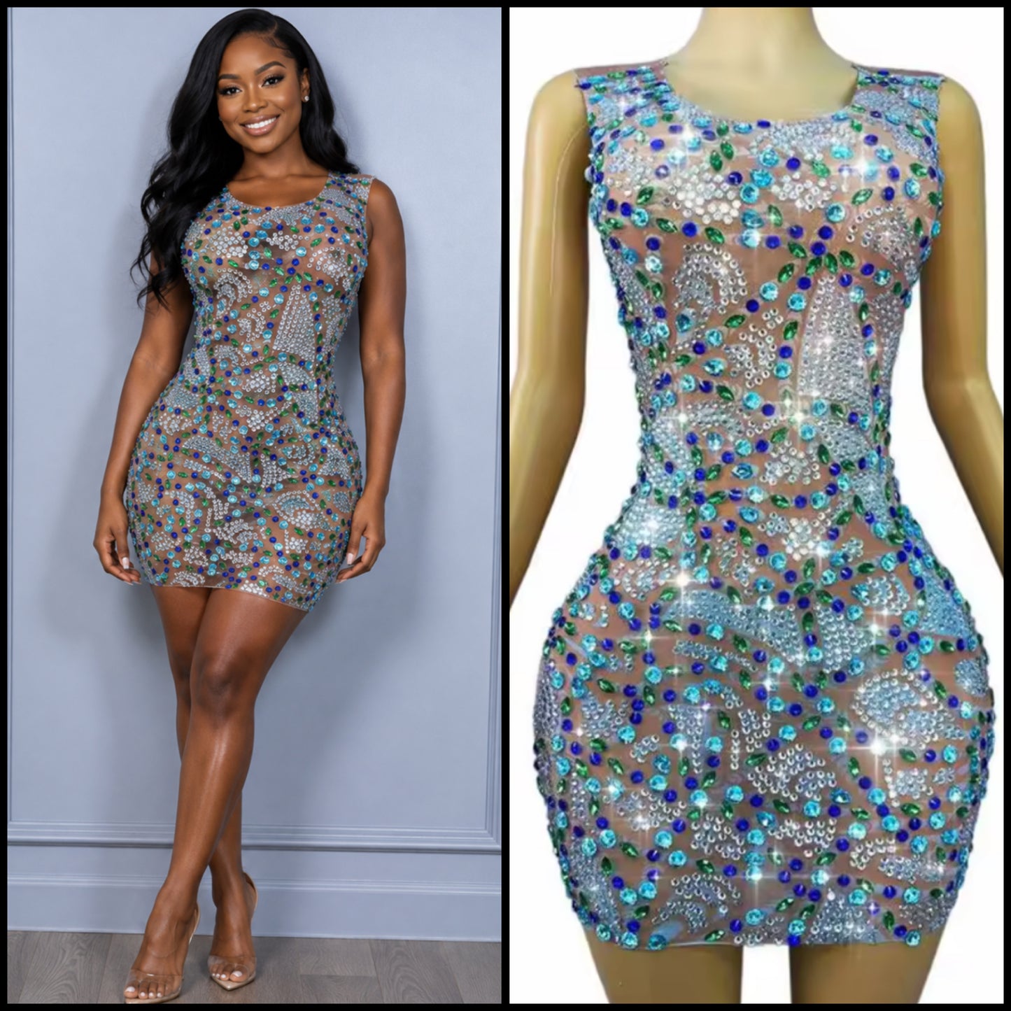 Sexy Sleeveless Sparkly Colorful Rhinestone Dress