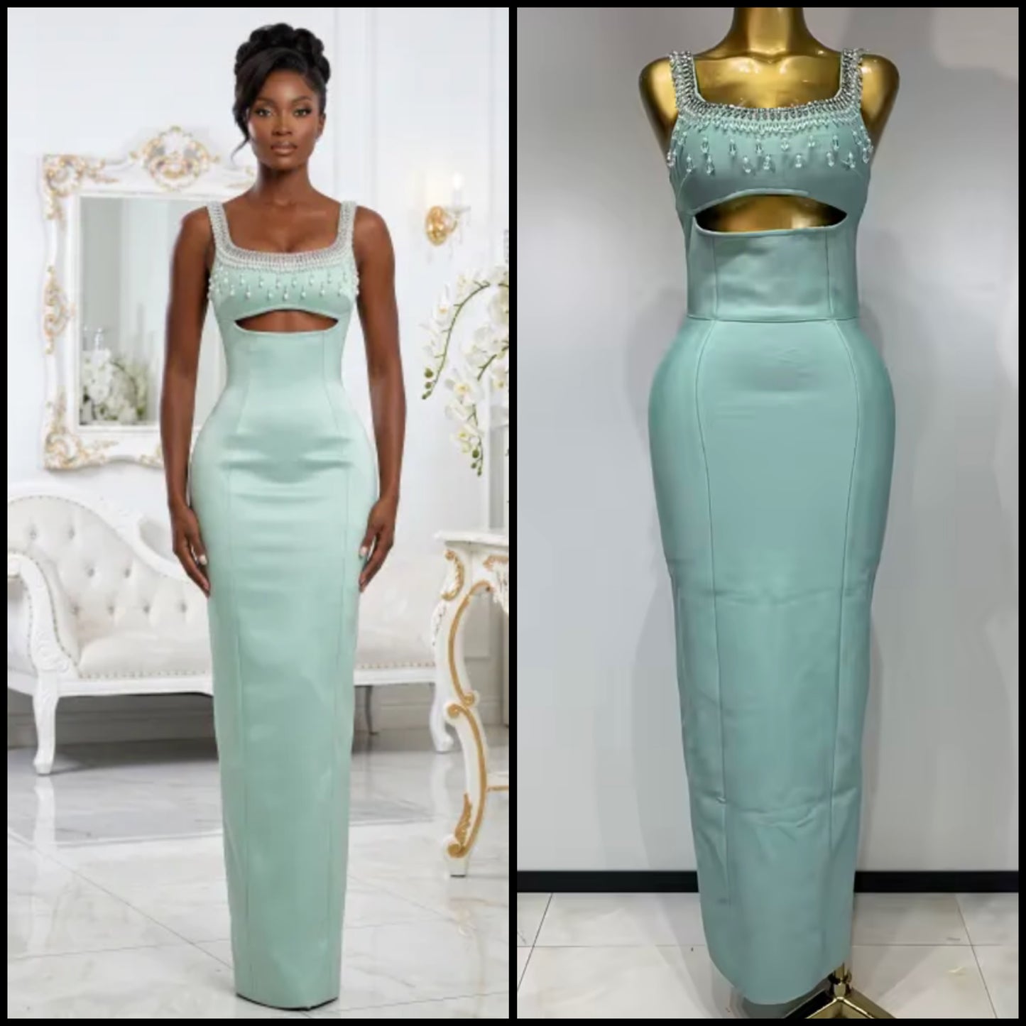 Elegant Sleeveless Beaded Rhinestone Maxi Dress