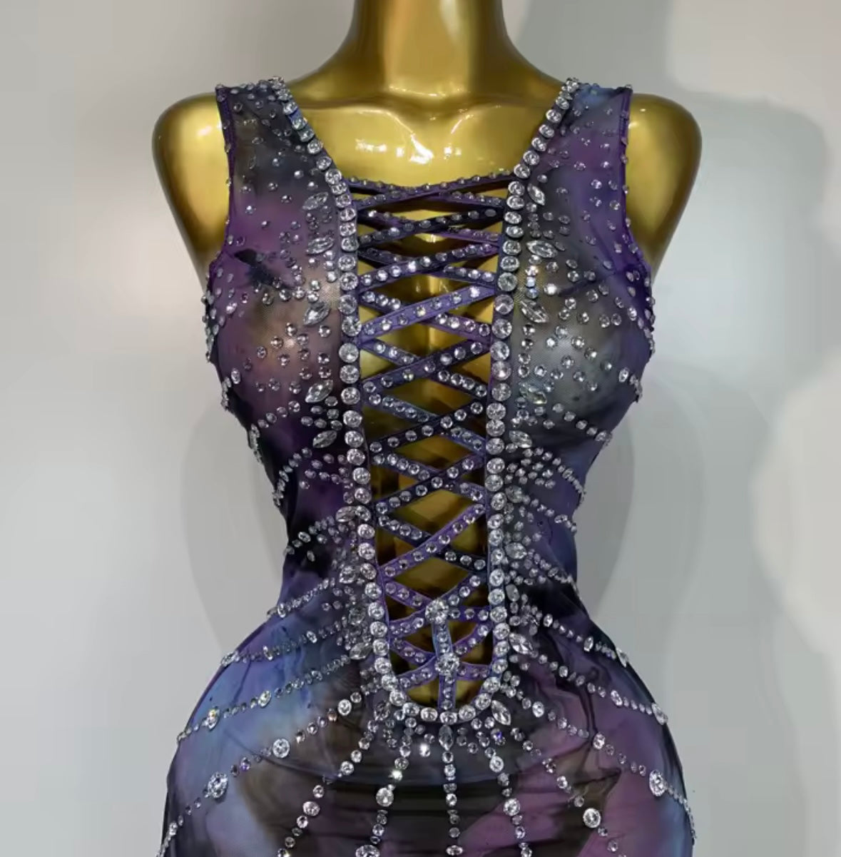 Sexy Sleeveless See Through Gradient Rhinestone Maxi Dress