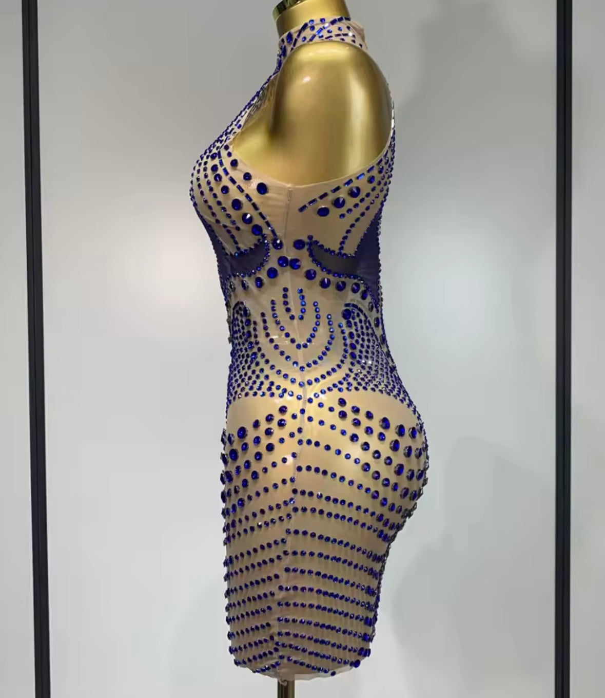 Sexy Sleeveless Blue Crystal See Through Short Dress