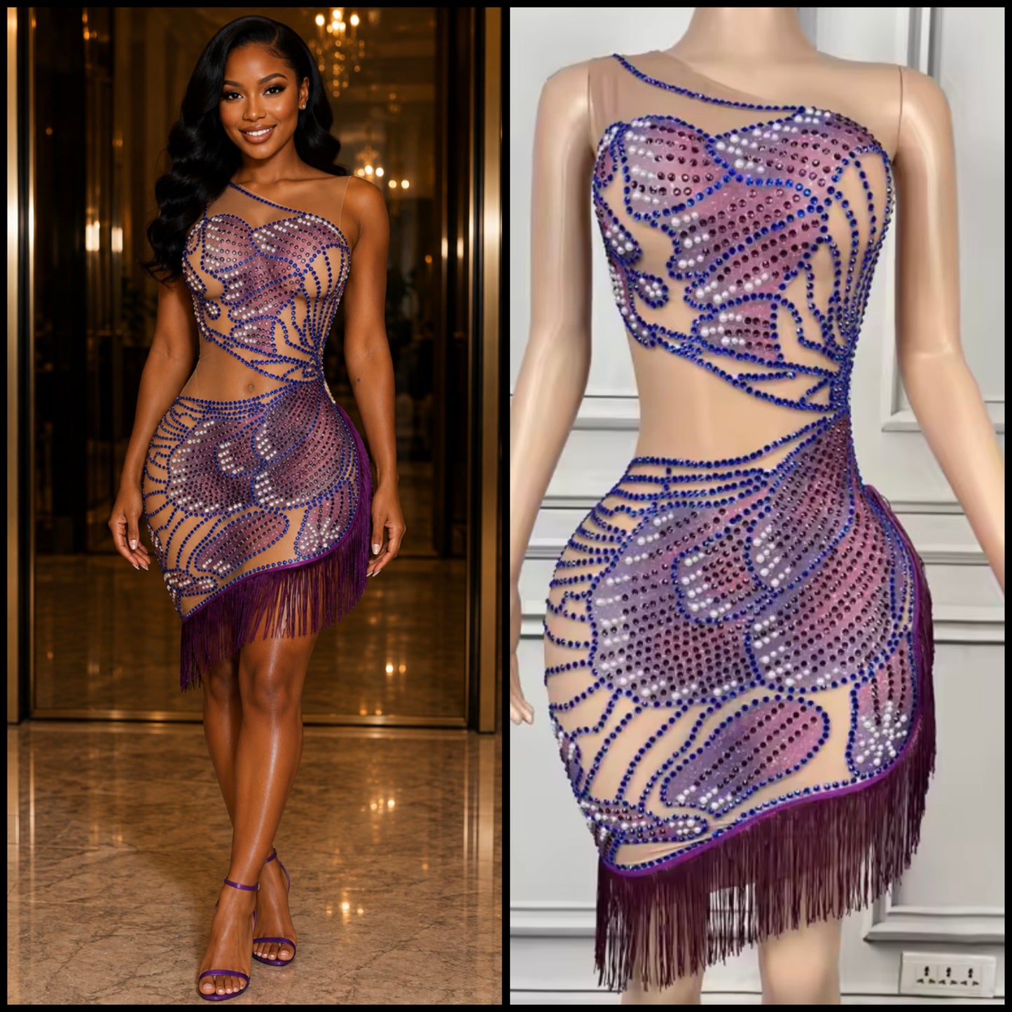 Sexy One Shoulder Sleeveless Rhinestone Fringe Tassel Dress