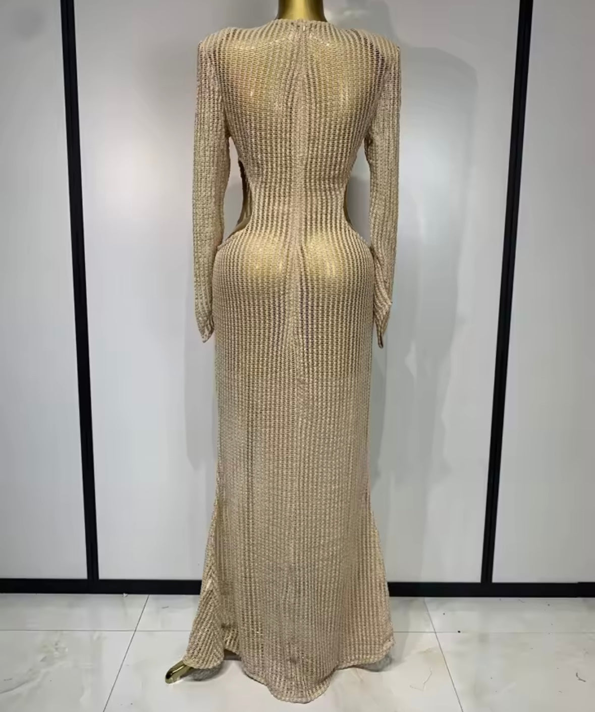Gold Hollow Out Full Sleeve Sexy Floor-Length Dress