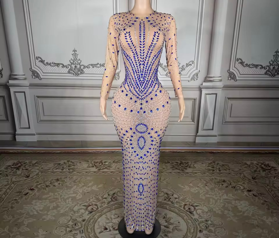 Blue Rhinestone Embellishment See Through Sexy Maxi Dress