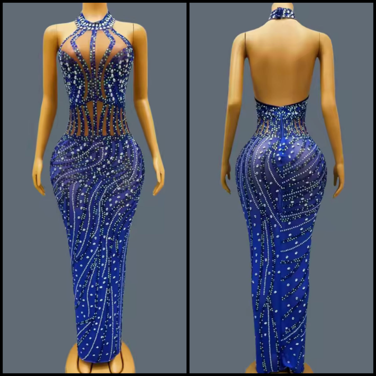 Blue Halter Sleeveless Rhinestone Embellishment Maxi Dress
