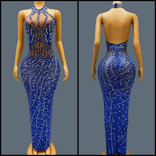 Blue Halter Sleeveless Rhinestone Embellishment Maxi Dress