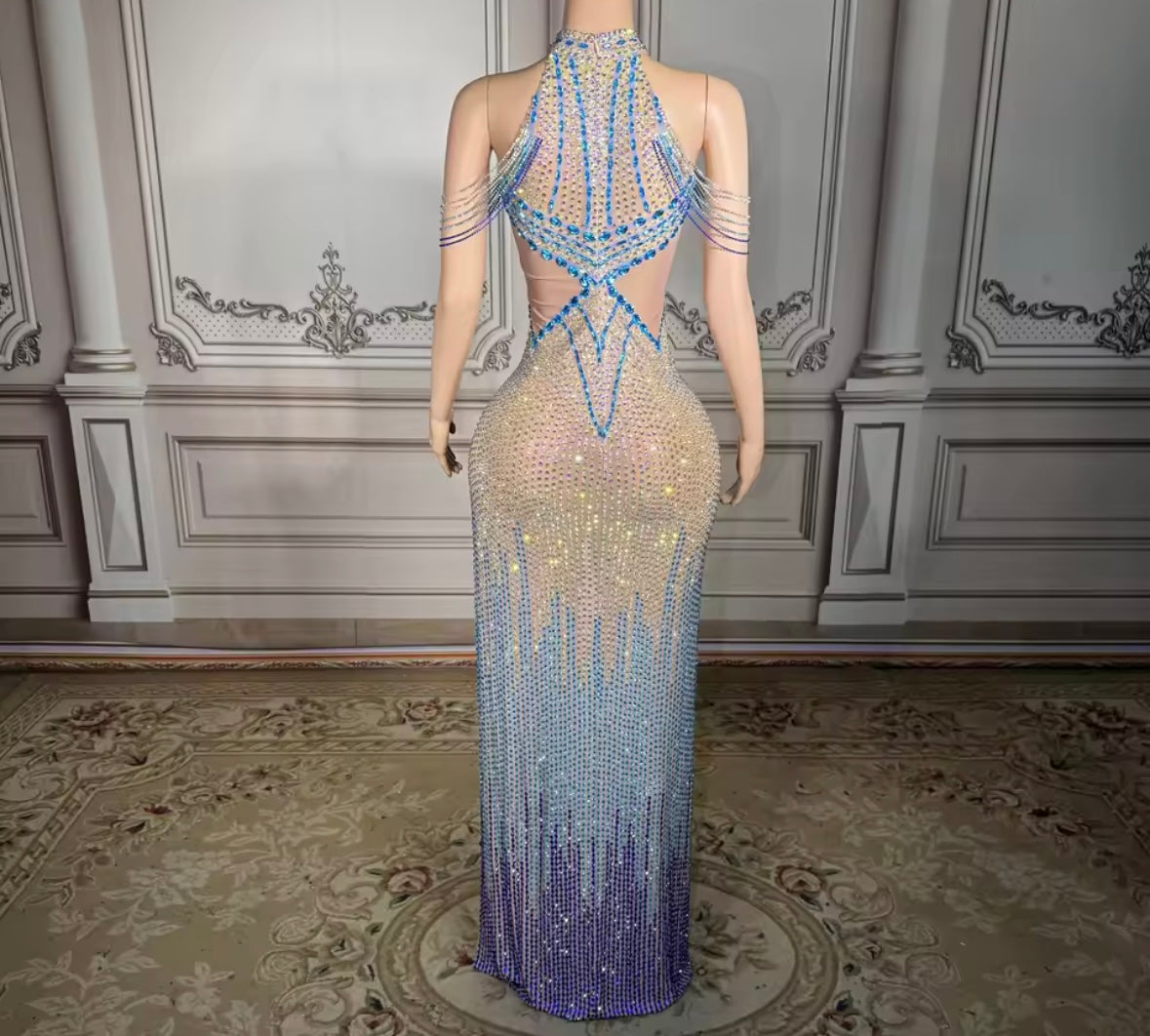 Sexy Halter Sleeveless Color Rhinestone Side Split Maxi Dress