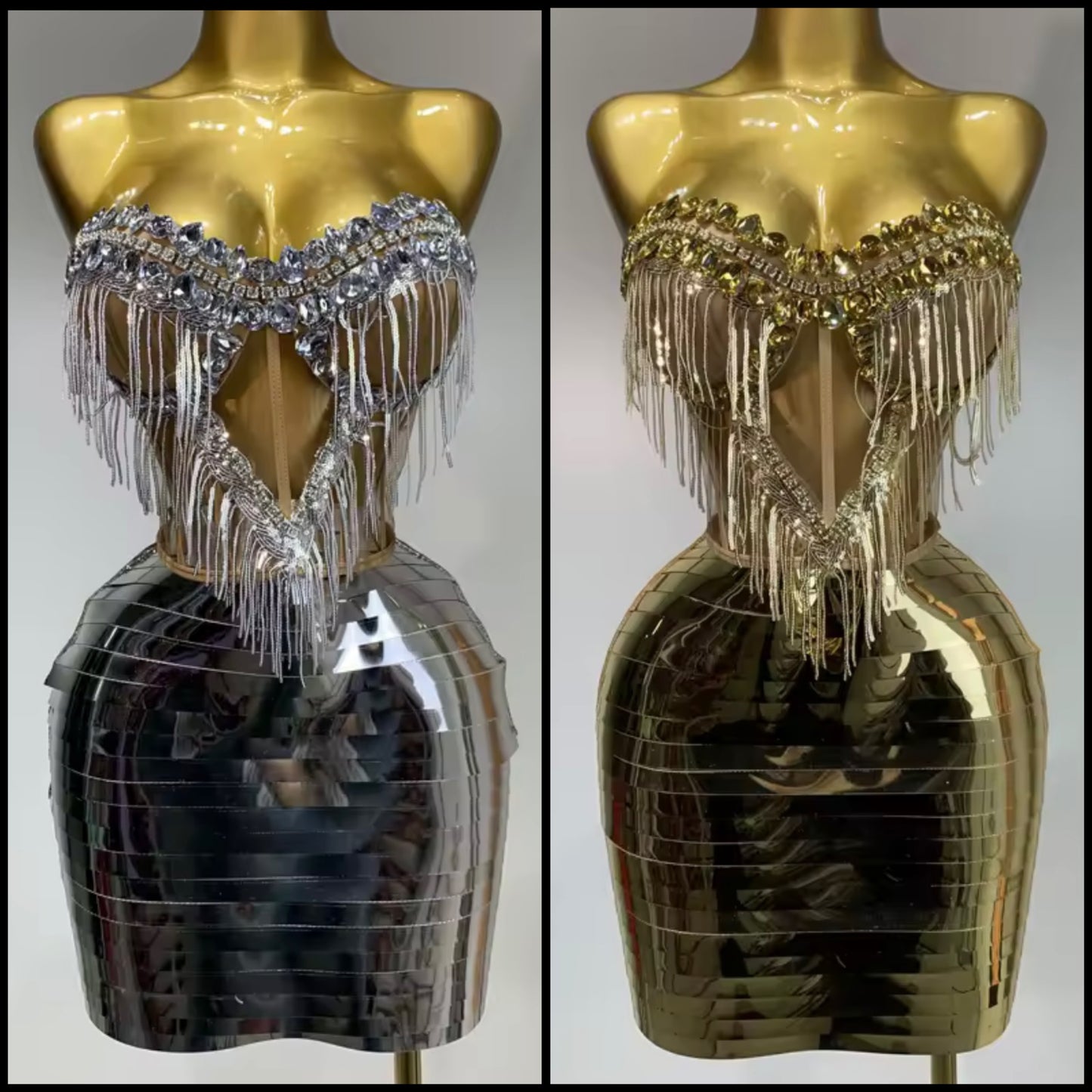 Sparkly Rhinestone Strap Tassel Two Piece Metallic Skirt Set