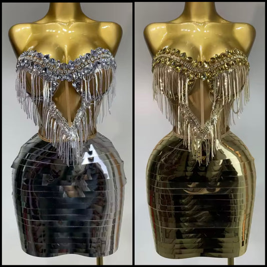 Sparkly Rhinestone Strap Tassel Two Piece Metallic Skirt Set