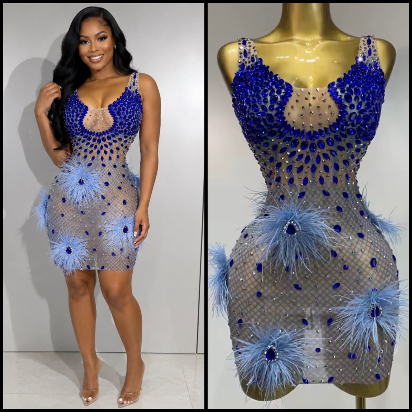 Sexy Sleeveless See Through Blue Rhinestone Feather Dress