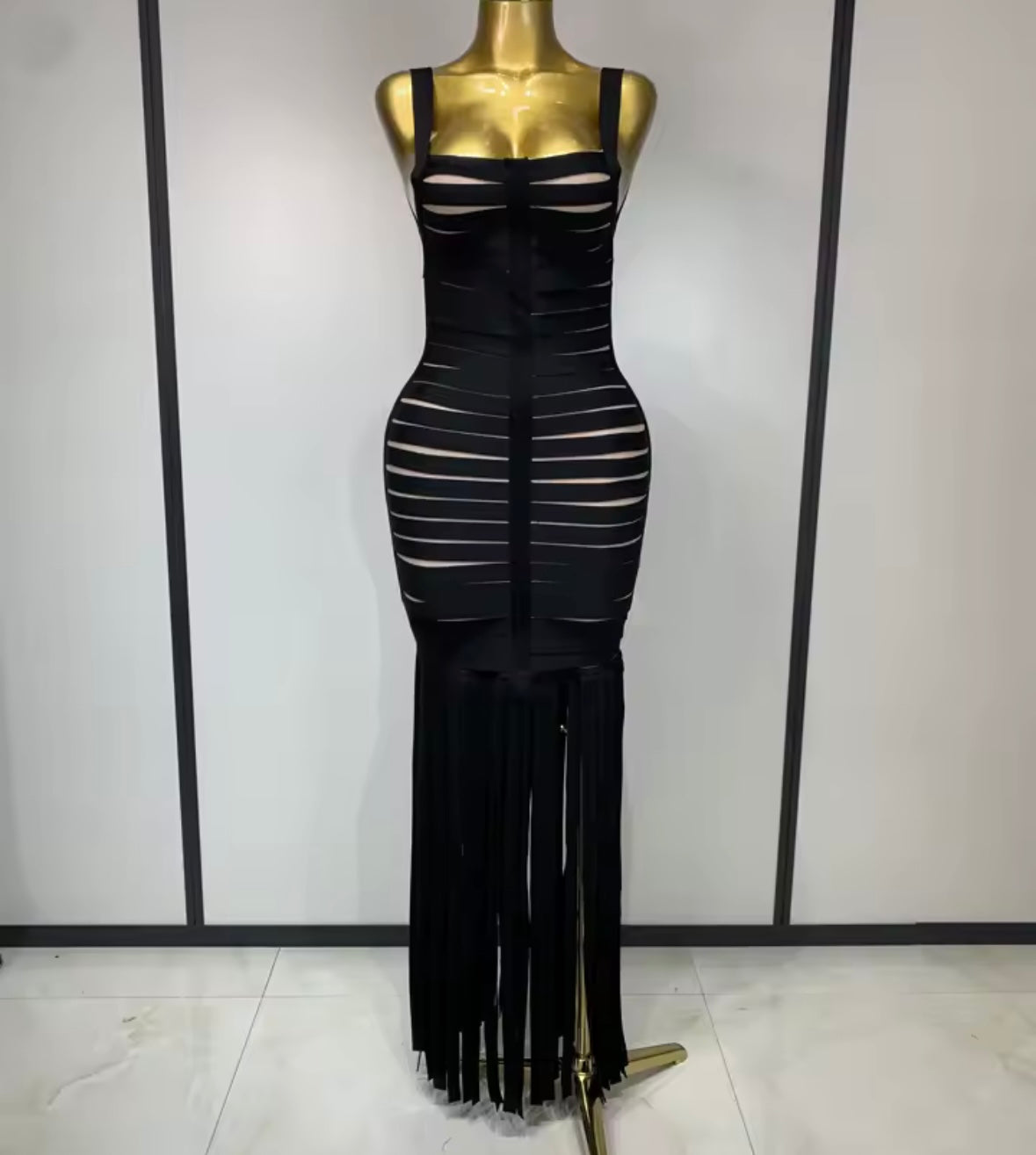 Black Sexy Sleeveless Bandage Tassel Long Dress