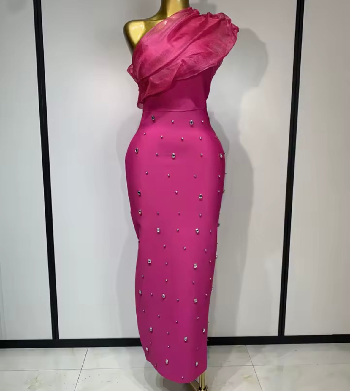 One Shoulder Sleeveless Sexy Rhinestone Maxi Dress