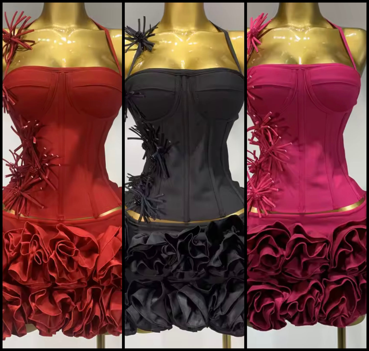 Sexy Halter Sleeveless Corset Top Two Piece Ruffled Skirt Set