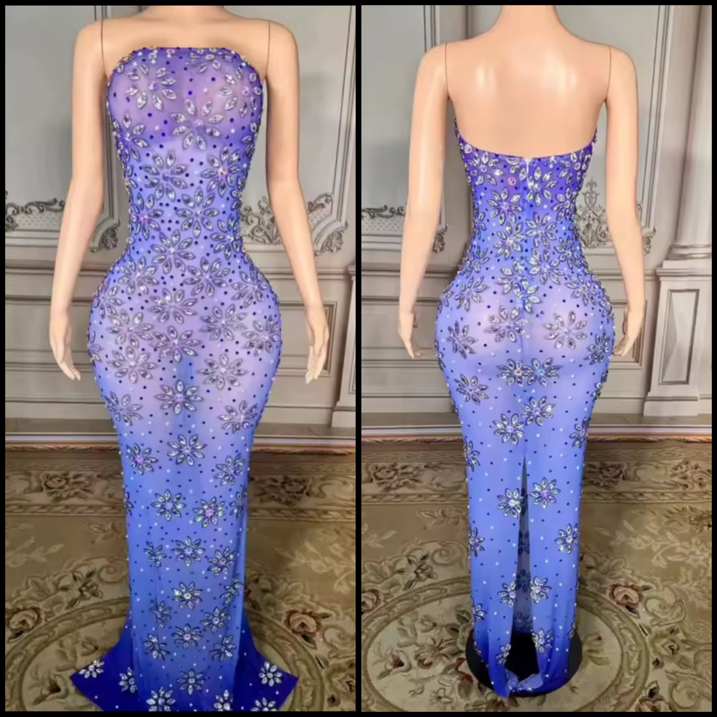 Blue Sexy Strapless Floral Rhinestone Maxi Dress
