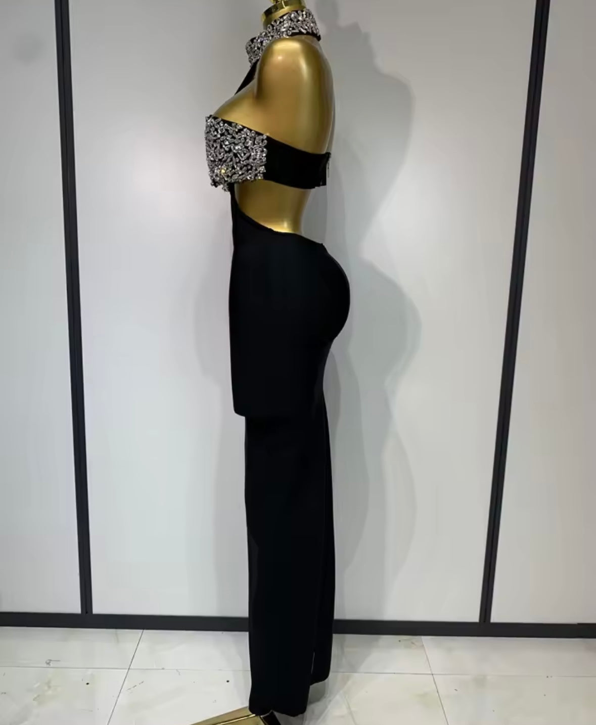 Elegant Halter Sleeveless Rhinestone Hollow Out Maxi Dress
