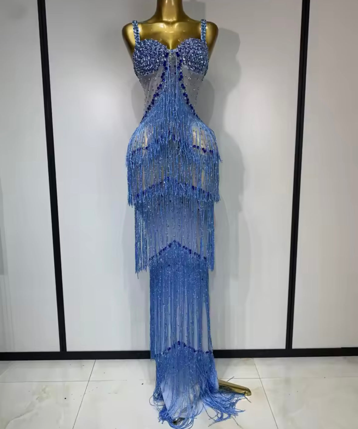 Sexy Blue Rhinestone Fringe Tassel Floor-Length Dress