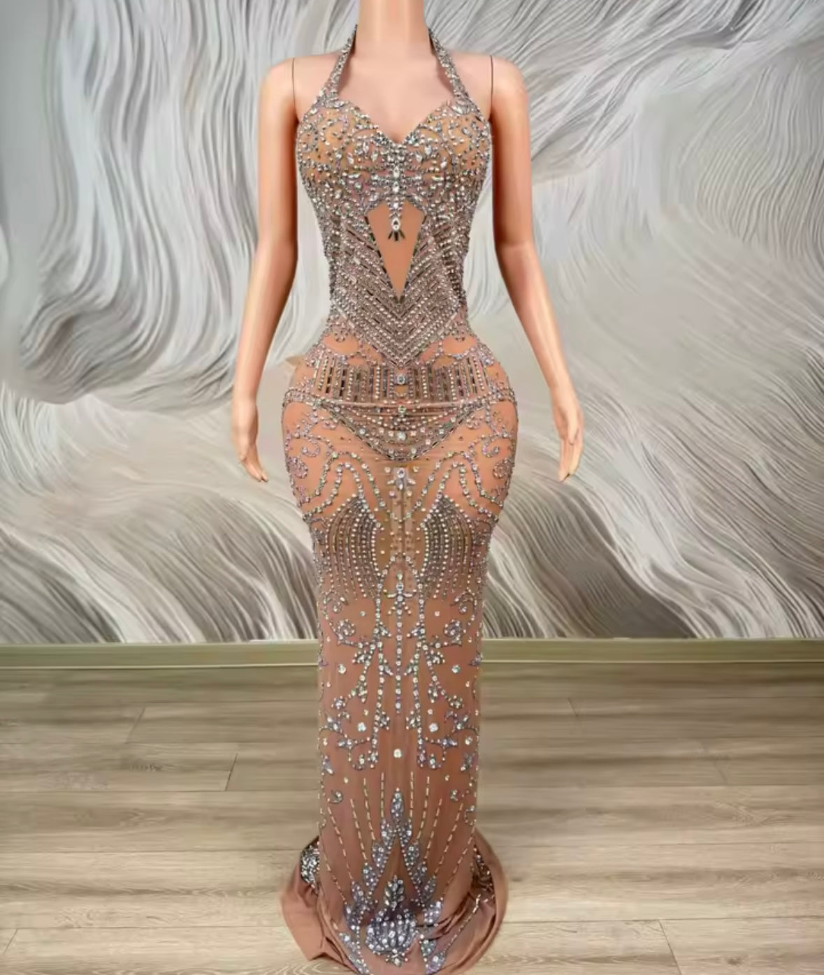Sexy Halter Sleeveless Open Back Rhinestone Maxi Dress