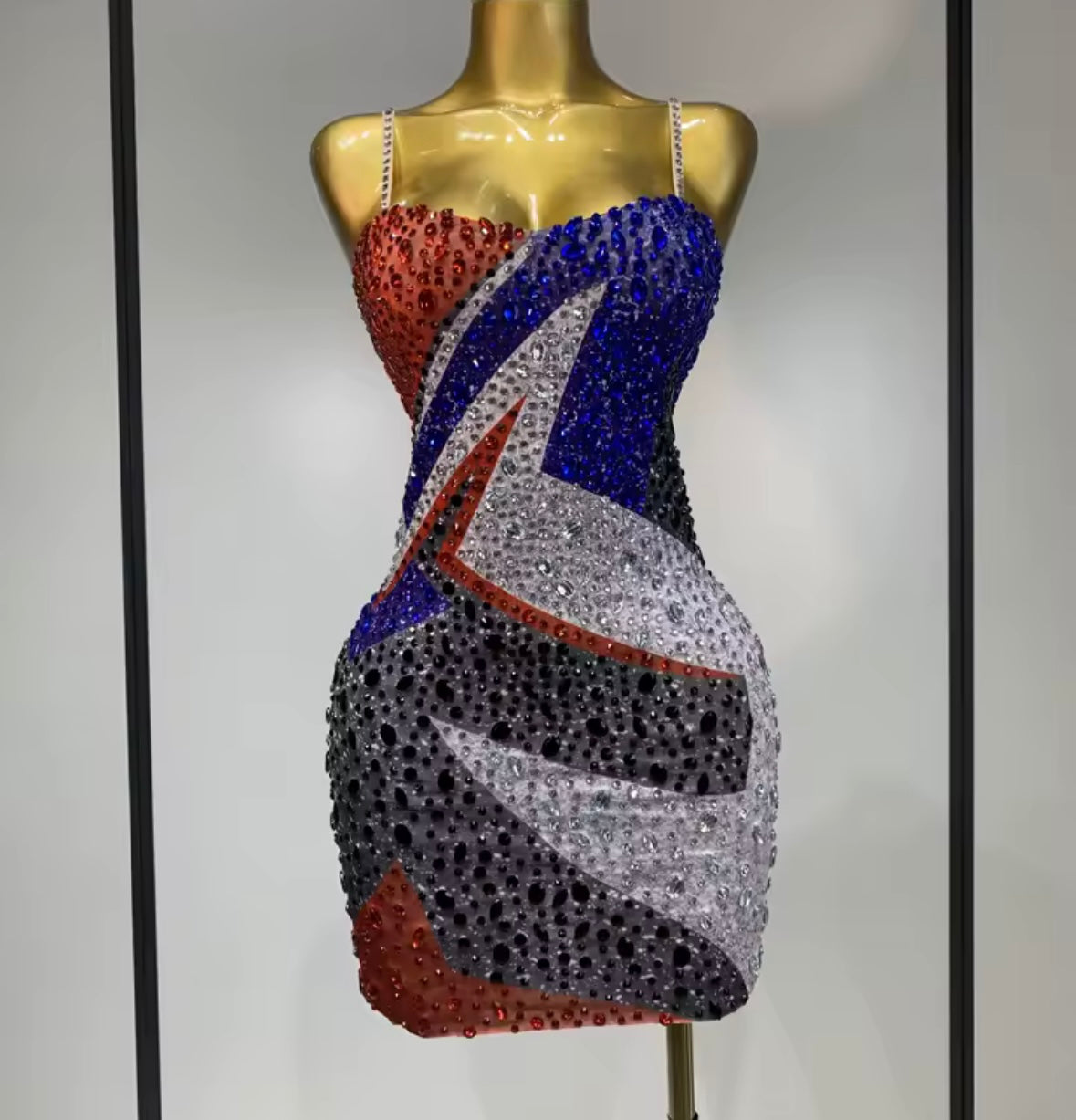 Sexy Sleeveless Color Patchwork Rhinestone Dress