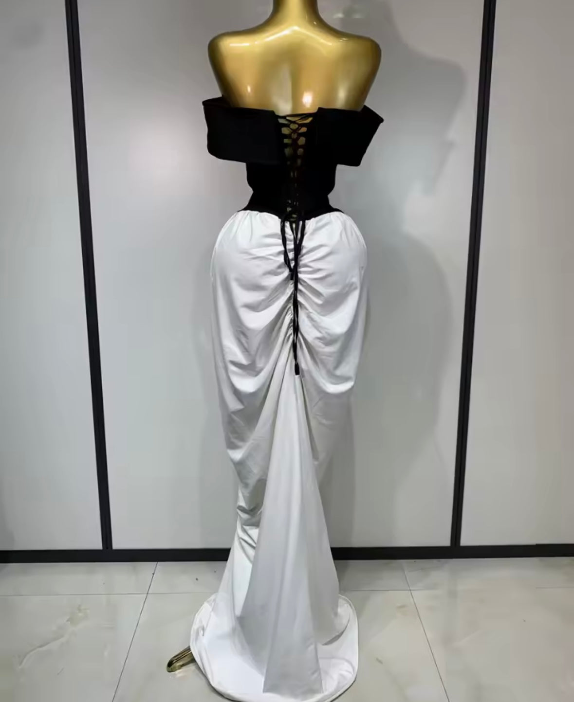 Elegant Off The Shoulder B&W Ruched Floor-Length Dress