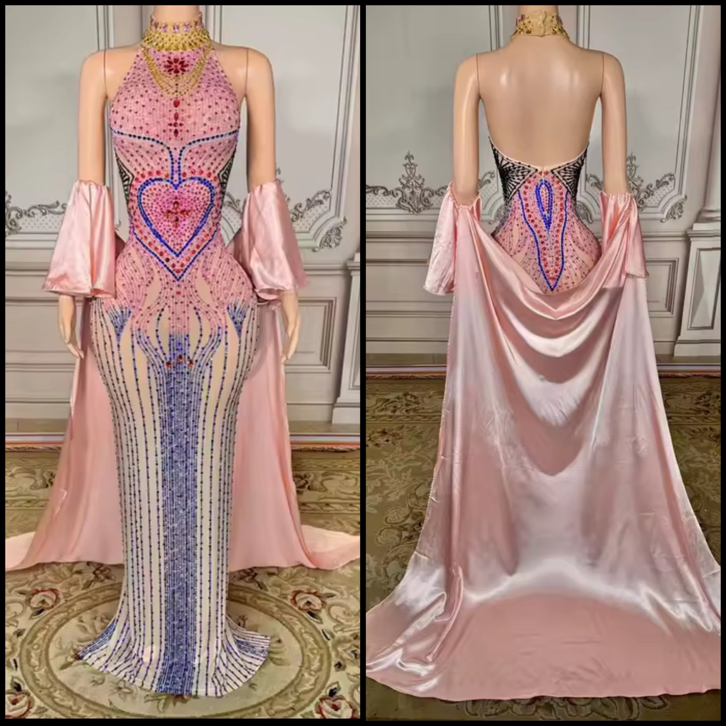 Sexy Halter Sleeveless Color Rhinestone Glove Mermaid Dress