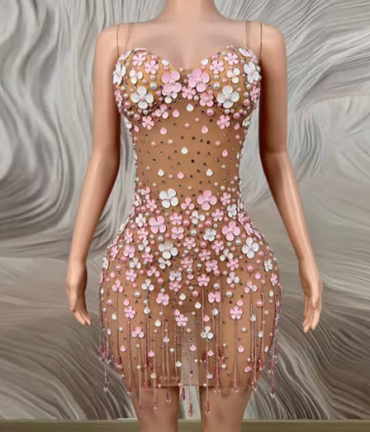Sexy Sleeveless Rhinestone Pearl Floral Tassel See Through Dress