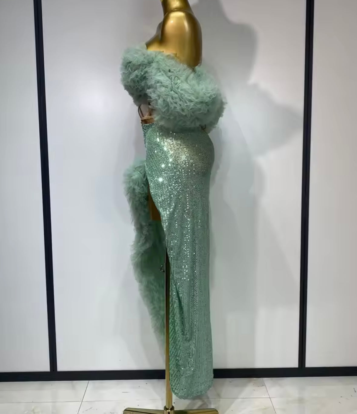 Sexy Ruffled Strapless Corset Two Piece Sequins Maxi Skirt Set