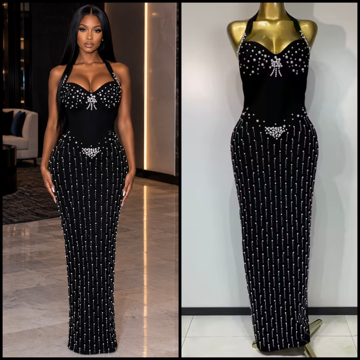 Black Halter Sleeveless Sexy Pearl Embellishment Maxi Dress