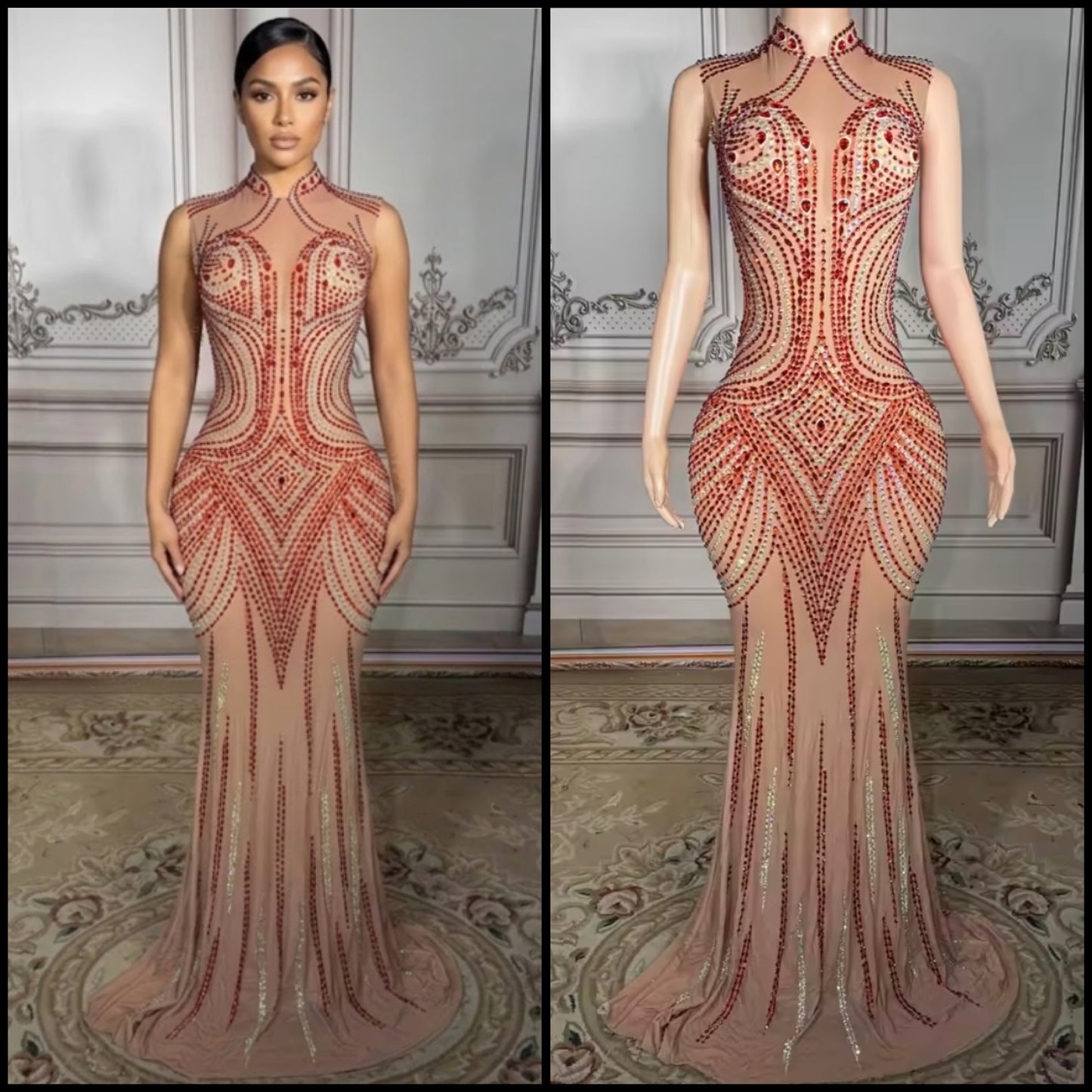 Sexy Sleeveless See Through Red Rhinestone Floor-Length Dress