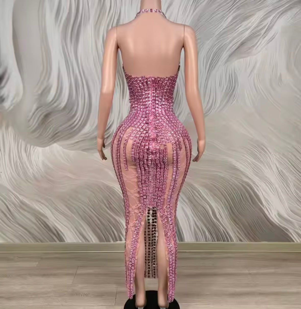 Pink Rhinestone See Through Halter Sleeveless Maxi Dress