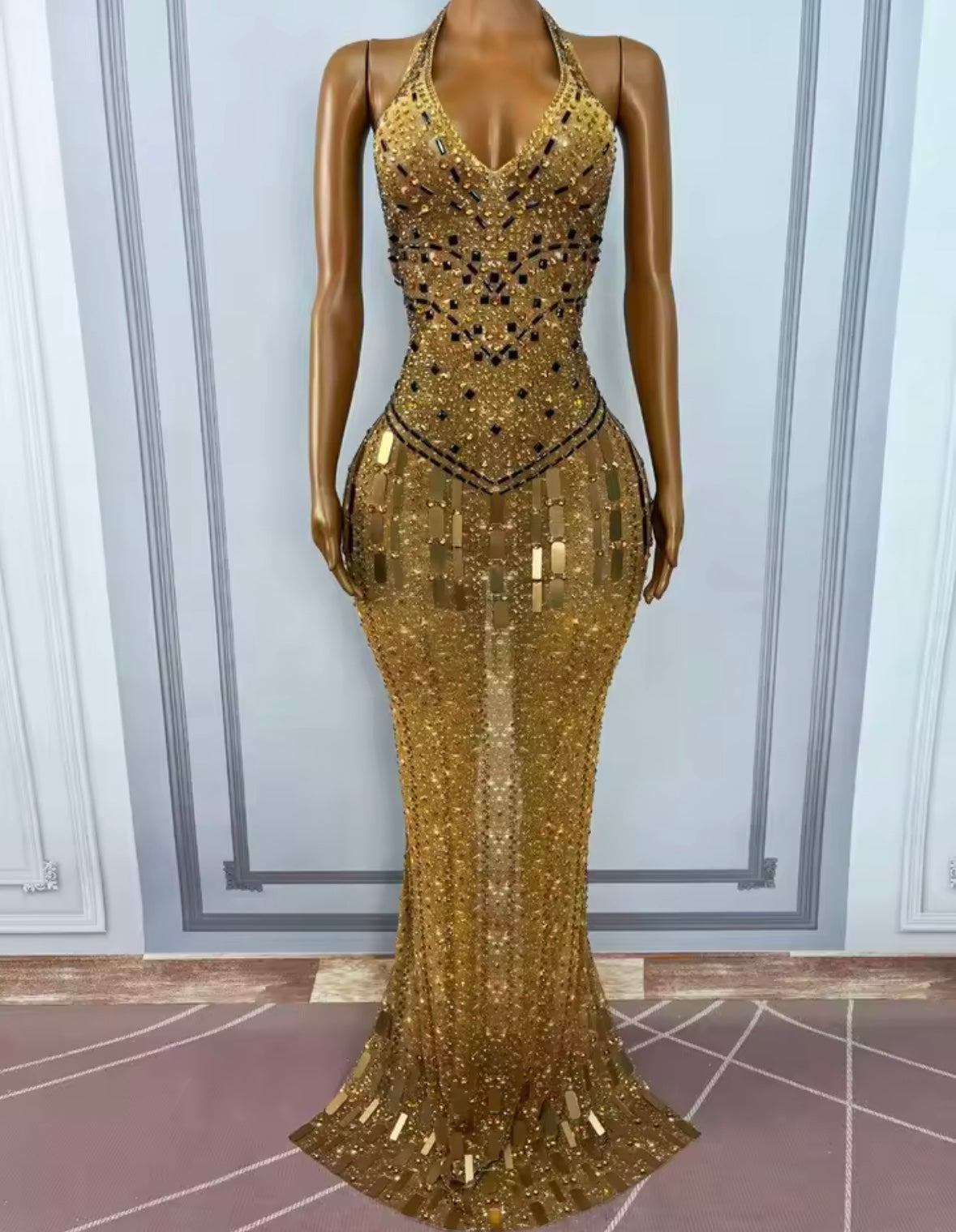 Gold Sexy Halter Sleeveless Rhinestone Floor-Length Dress