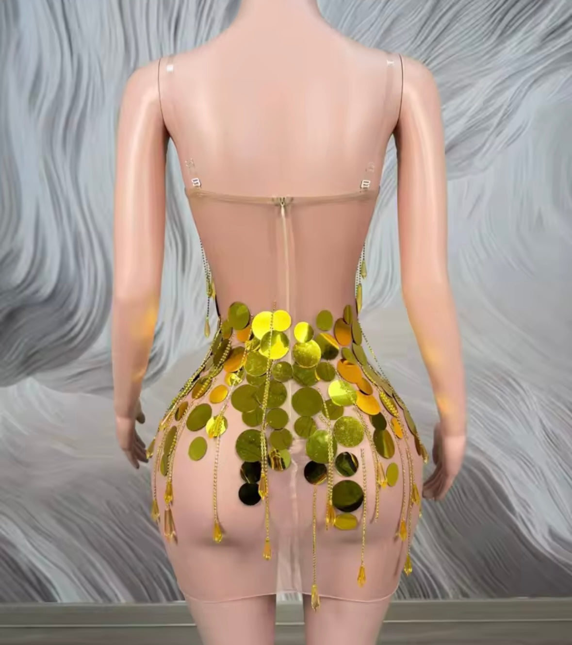 Sexy Sleeveless Gold Circle Sequins Tassel See Through Dress