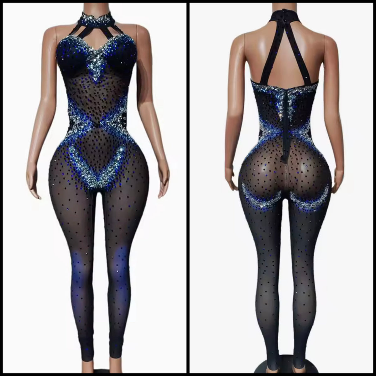 Sexy Sleeveless Color Patchwork Rhinestone See Through Jumpsuit