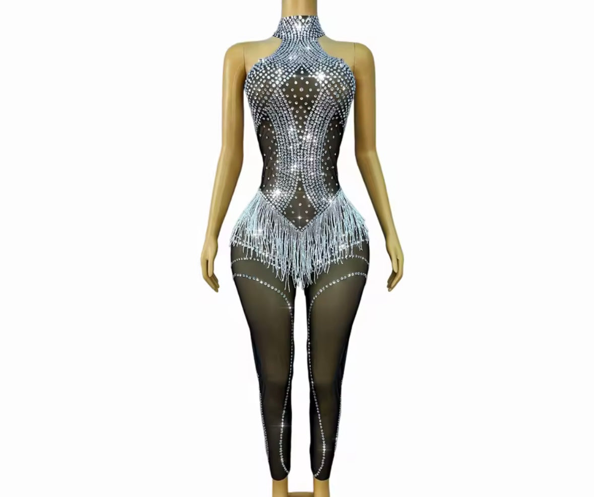 Sexy Black Sleeveless Rhinestone Fringe Tassel Jumpsuit