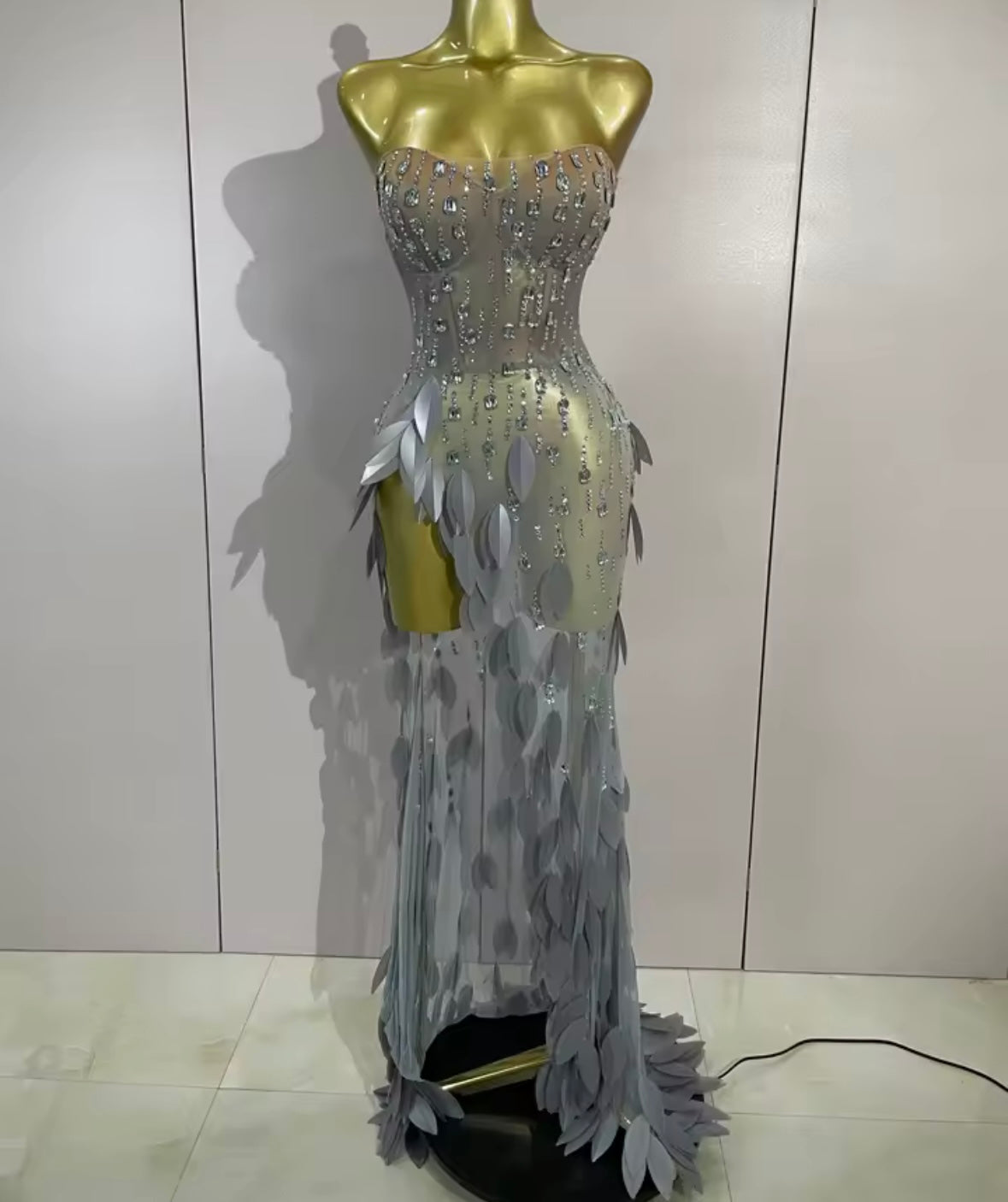 Silver Strapless Rhinestone Sequins Side Split Maxi Dress