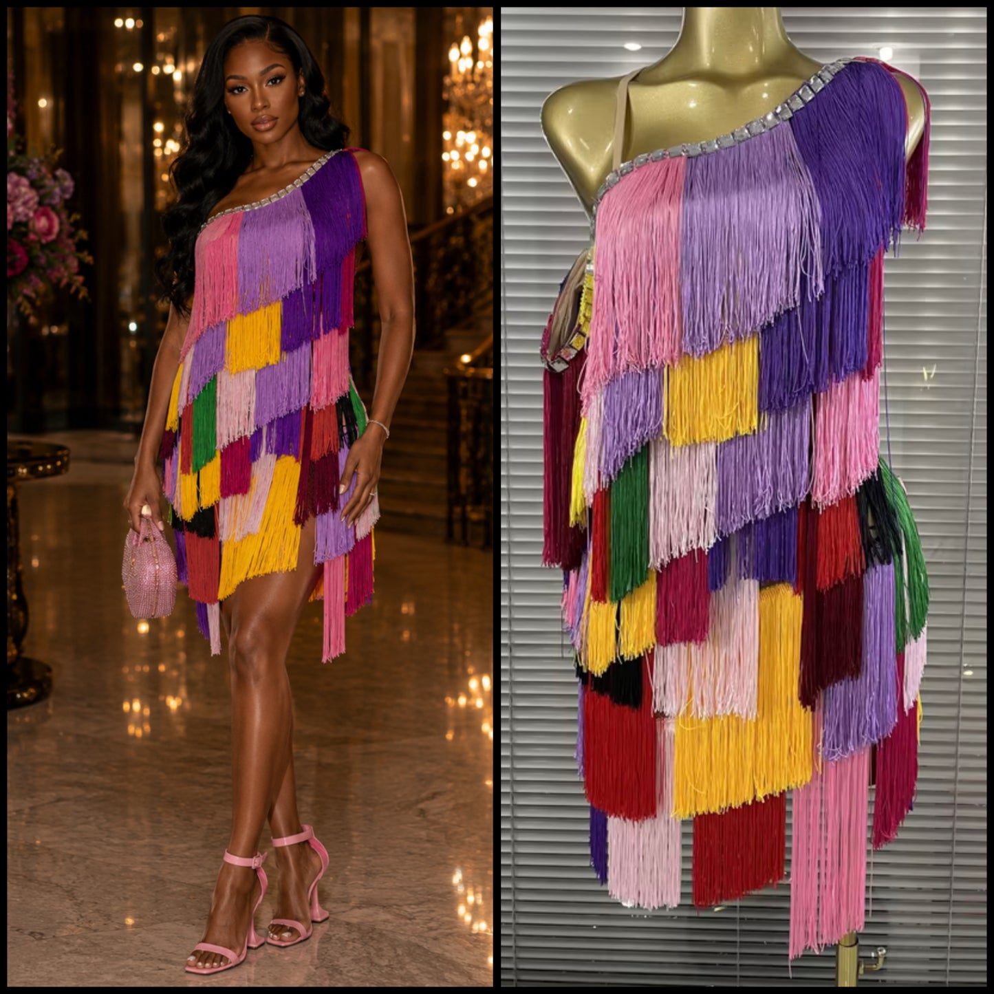 Sexy One Shoulder Multicolored Fringe Dress