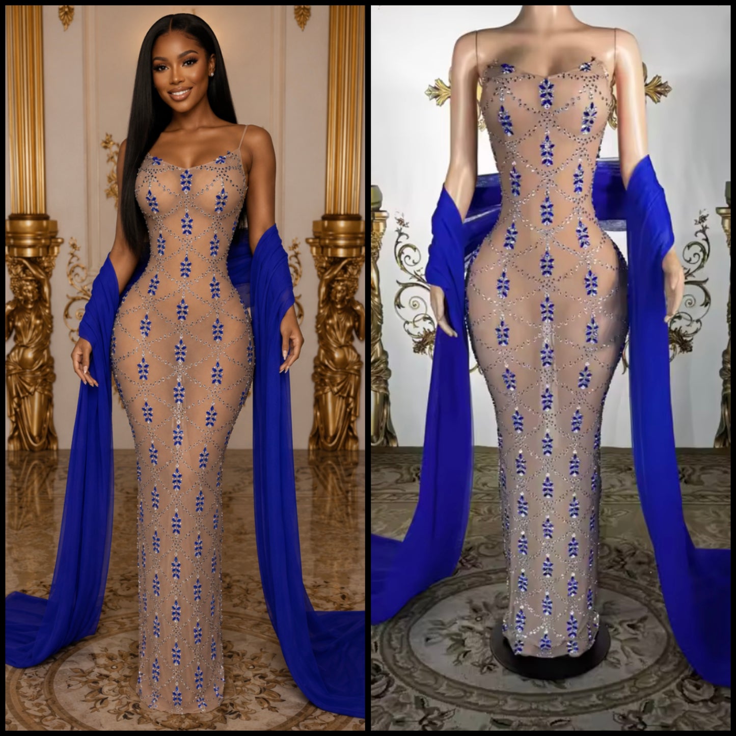 Elegant Strapless Blue Rhinestone See Through Maxi Dress
