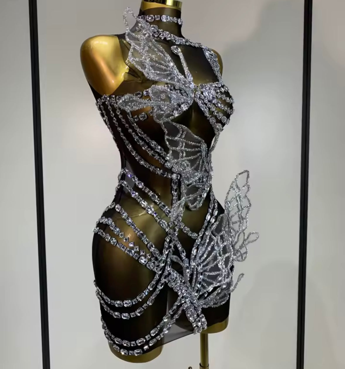 Sexy Black Sleeveless See Through Crystal Butterfly Dress