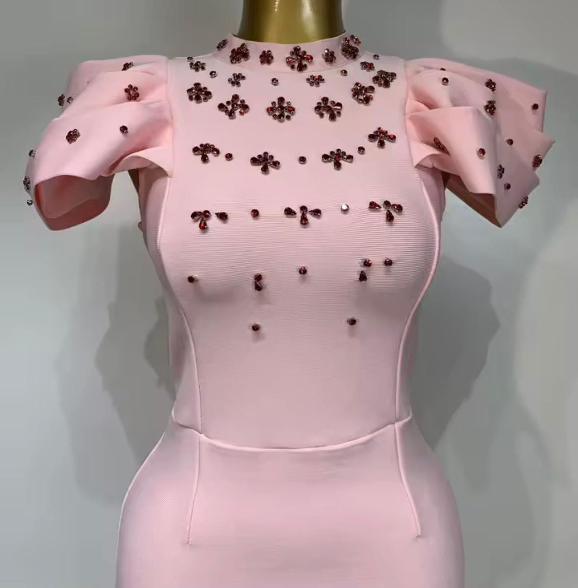 Elegant Floral Crystal Short Sleeve Floor-Length Dress