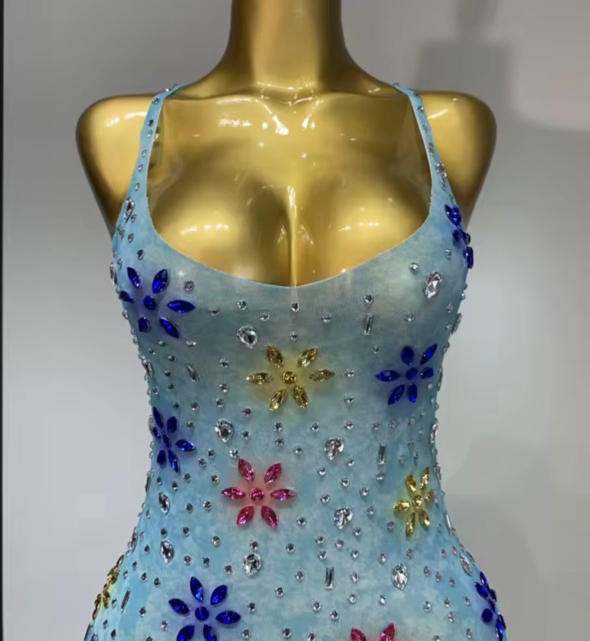 Blue Sexy Sleeveless Crystal Rhinestone Asymmetrical Dress
