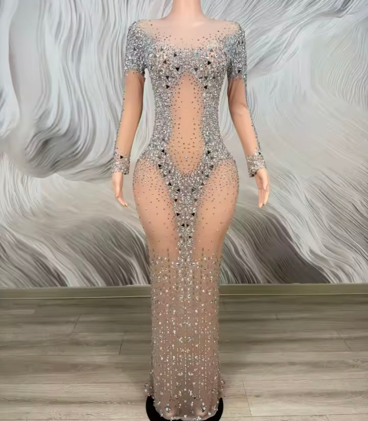 Sexy See Through Rhinestone Embellishment Floor-Length Dress
