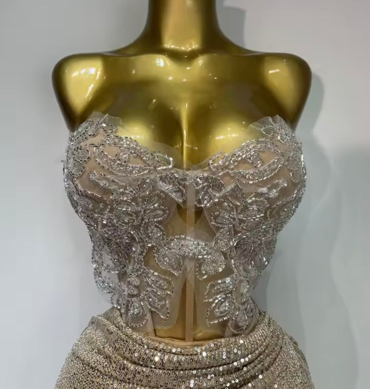 Gold Beaded Strapless Corset Sequins Skirt Set