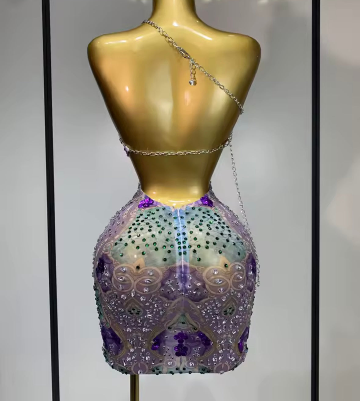 Sexy Sleeveless Color Crystal Open Back Chain Mesh Dress