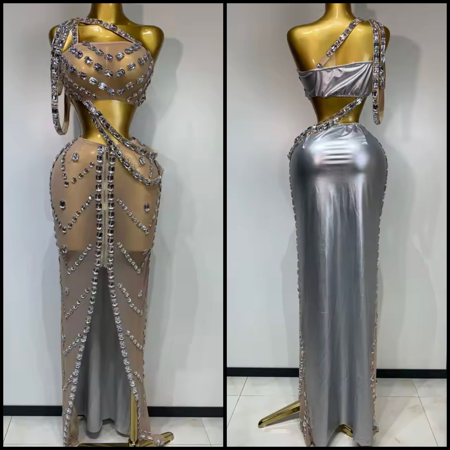 Sexy One Shoulder Sleeveless Crystal Two Piece Maxi Skirt Set